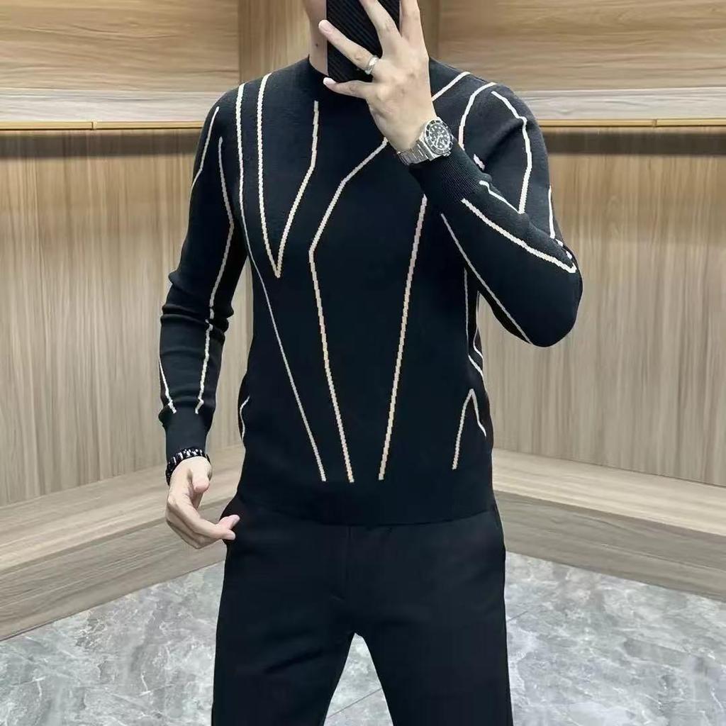 Men's Winter Jacquard Knit Sweater - Casual Round Neck, Long Sleeve, Korean Style, Light Luxury Top