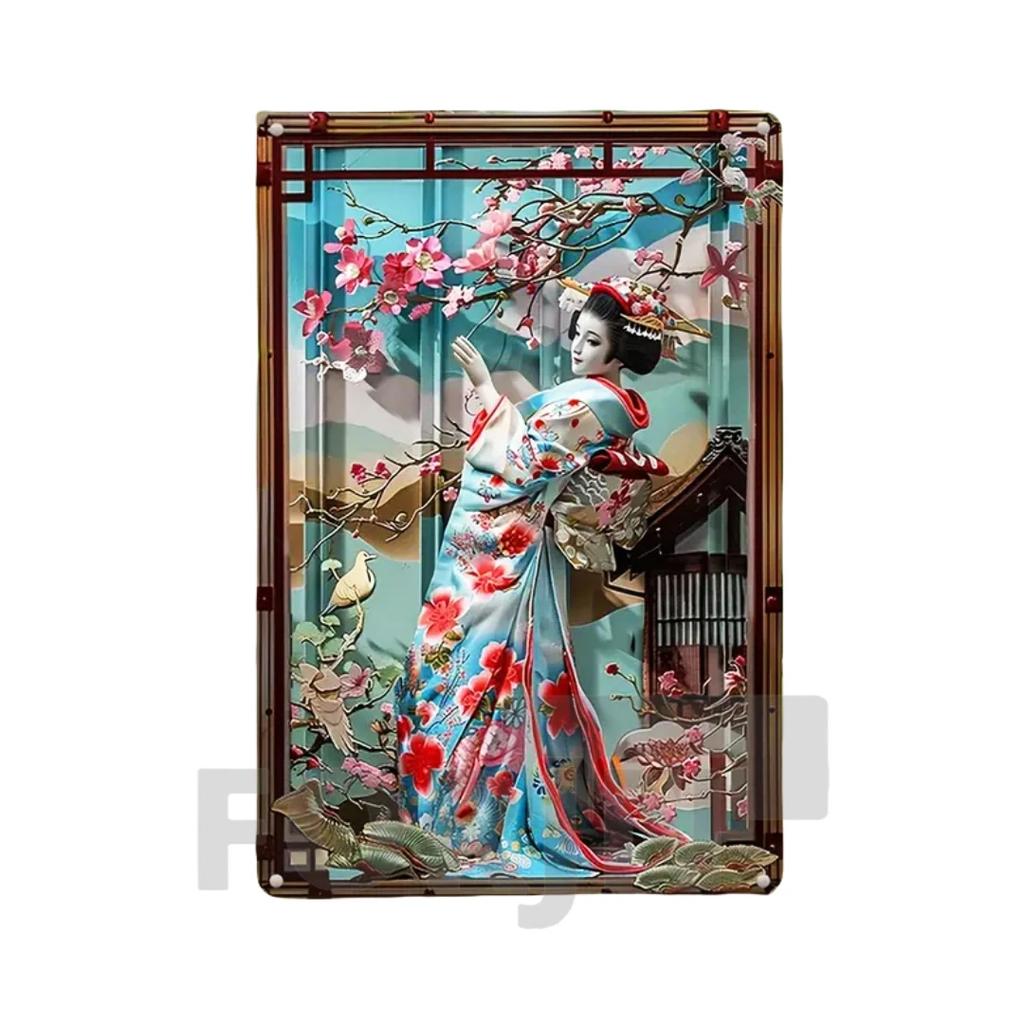 2D Japanisches Kunstposter Kimono Kirschblüten, elegantes Retro Geisha Metallschild, Zuhause, Zimmer, Büro, Izakaya, Café, Studio Wanddekor