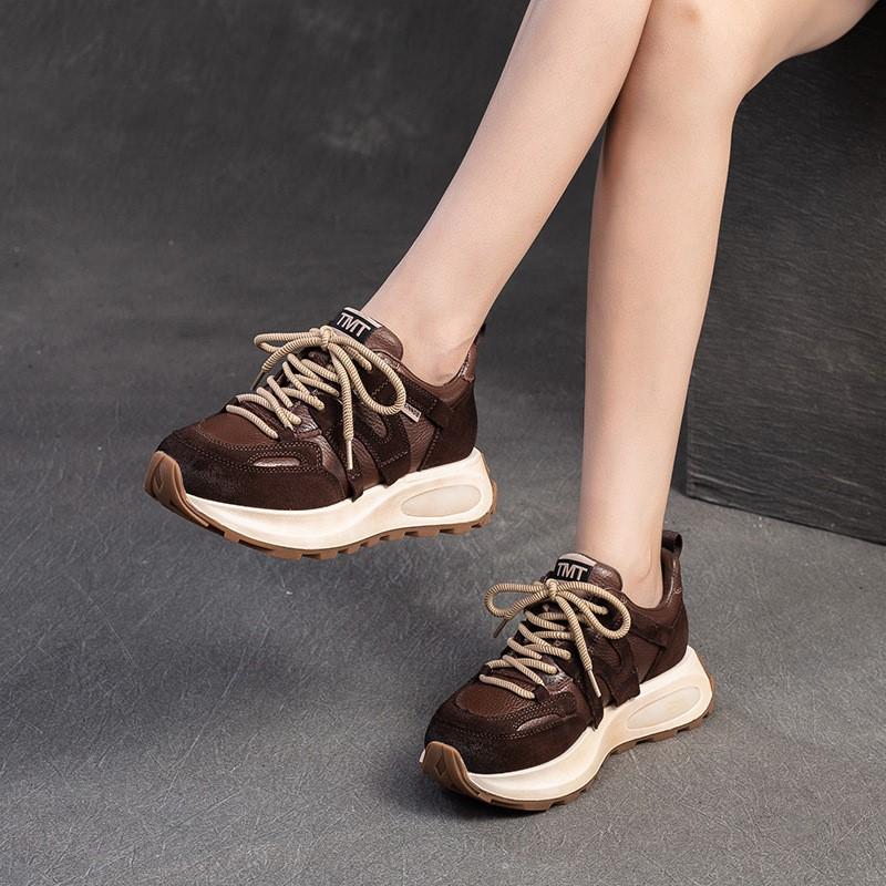 Johnature Zapatillas de deporte de cuero genuino, zapatos deportivos casuales versátiles, zapatos planos con cordones y punta redonda para mujer