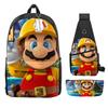 Animation Backpack, Super Mary Primary School Student Print Children'S Backpack Satchel Pencil Case Three-Piece Set