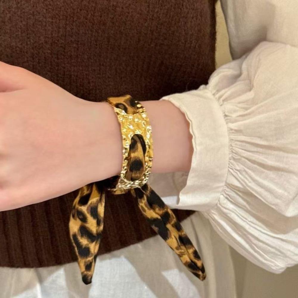 Retro Y2k Gold Color Geometric Liquid Metal Leopard Print Silk Scarf Winding Bracelet for Women Personality Hot Girls Jewelry
