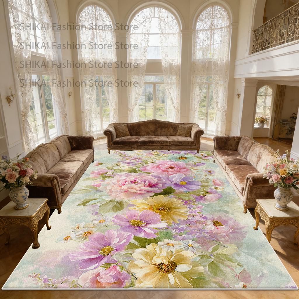 French Countryside Flower Style Living Room Rug Home Decoration Luxury Washable Soft Carpet Large Area Non-slip Fluffy Floor Mat