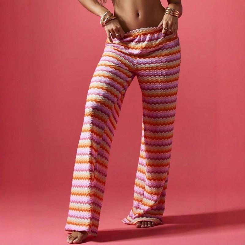 Womens Striped Wide Leg Pants Loose Casual Trousers Street Style Elastic Waist Mid-Stretch All Season