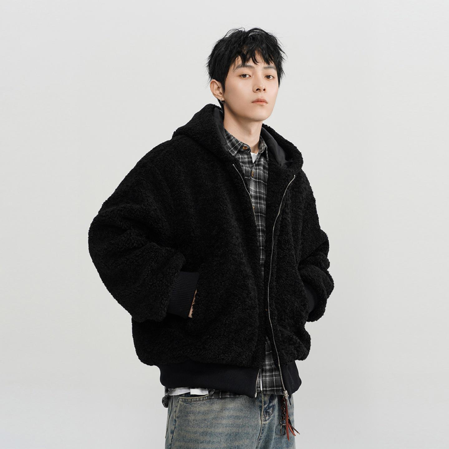 

Men s Winter Lambswool Hooded Jacket - Casual, Trendy, Loose Fit XL чорний