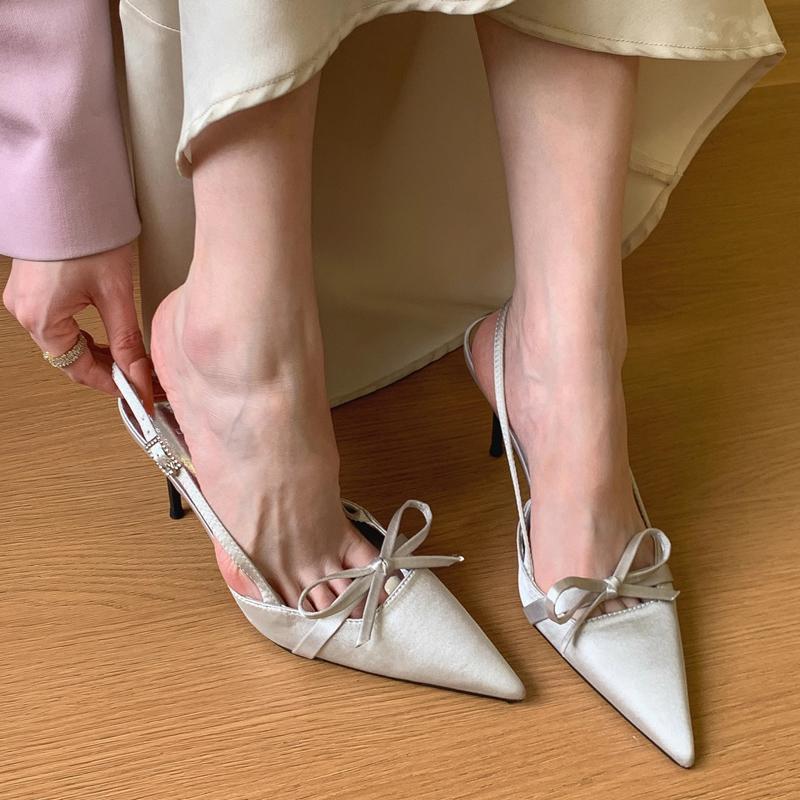 

Fashion Luxury Satin Silk Slingback Sandals Woman Pink Silver Point Toe Thin Heel Bowknot Sandalias Ladies Elegant Evening Party Shoes 40 серебряный