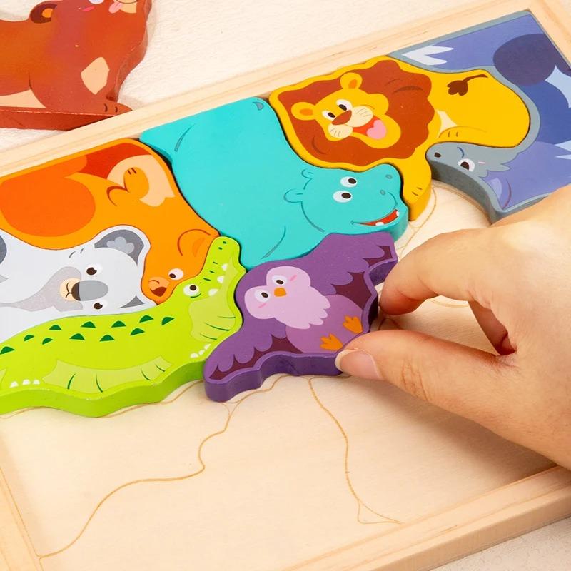 Heißes Neues 3D Puzzle Holzspielzeug Baby Lernen Pädagogisches Handgreifbrett Cartoon Tier Obst und Gemüse Puzzle Spielzeug Geschenke