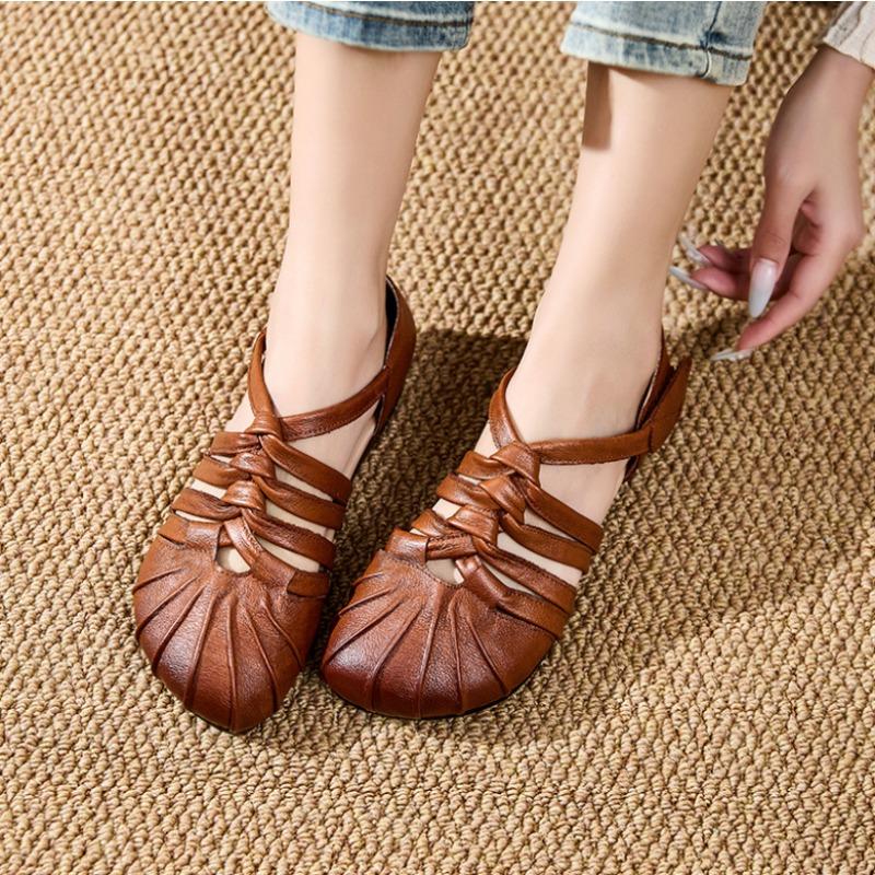 Genuine Leather Hollow Out Women Sandals Summer New Women's Flat Shoes Cow Tendon Soft Sole Comfortable Casual Mom Shoes