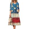 Women Casual Round Neck Three Quarter Sleeve Waist Cinched Independence Day Dress Spring Autumn Midi Length Star Print
