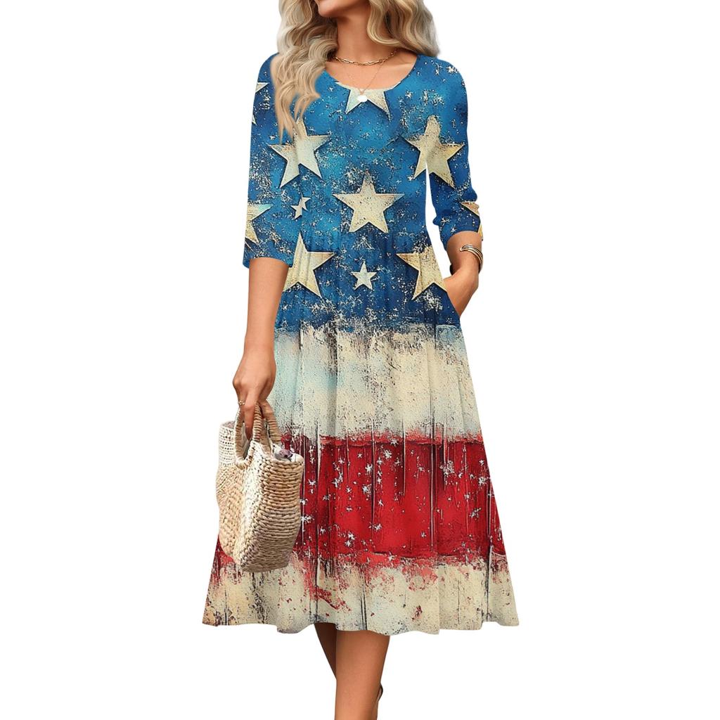 Women Casual Round Neck Three Quarter Sleeve Waist Cinched Independence Day Dress Spring Autumn Midi Length Star Print