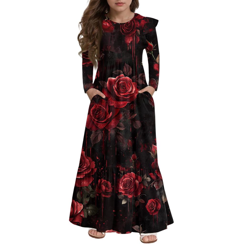 Mädchen Stufenkleid mit Rüschen Halloween Tag - Langärmeliges Maxikleid mit Druck und Taschen