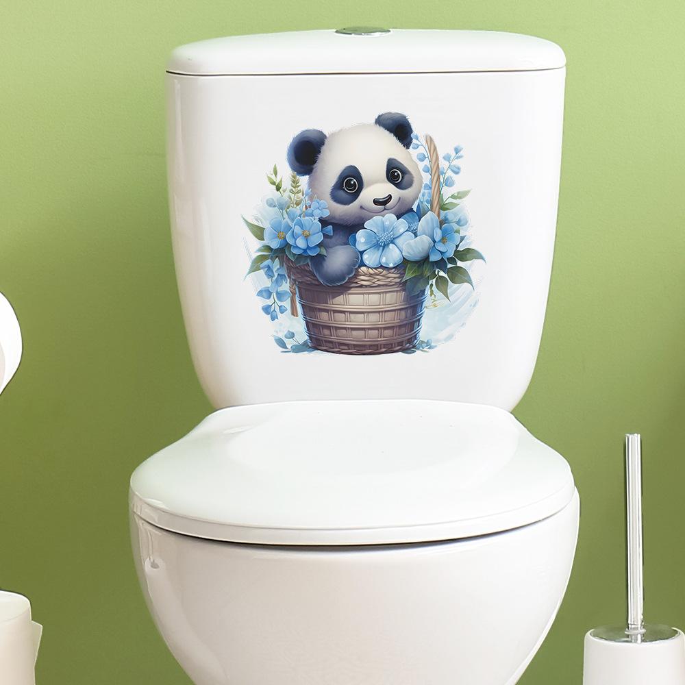Playful Panda with Flower Basket Toilet and Wall Sticker Set Waterproof Self-Adhesive Removable Decal for Bathroom WC Home Decor