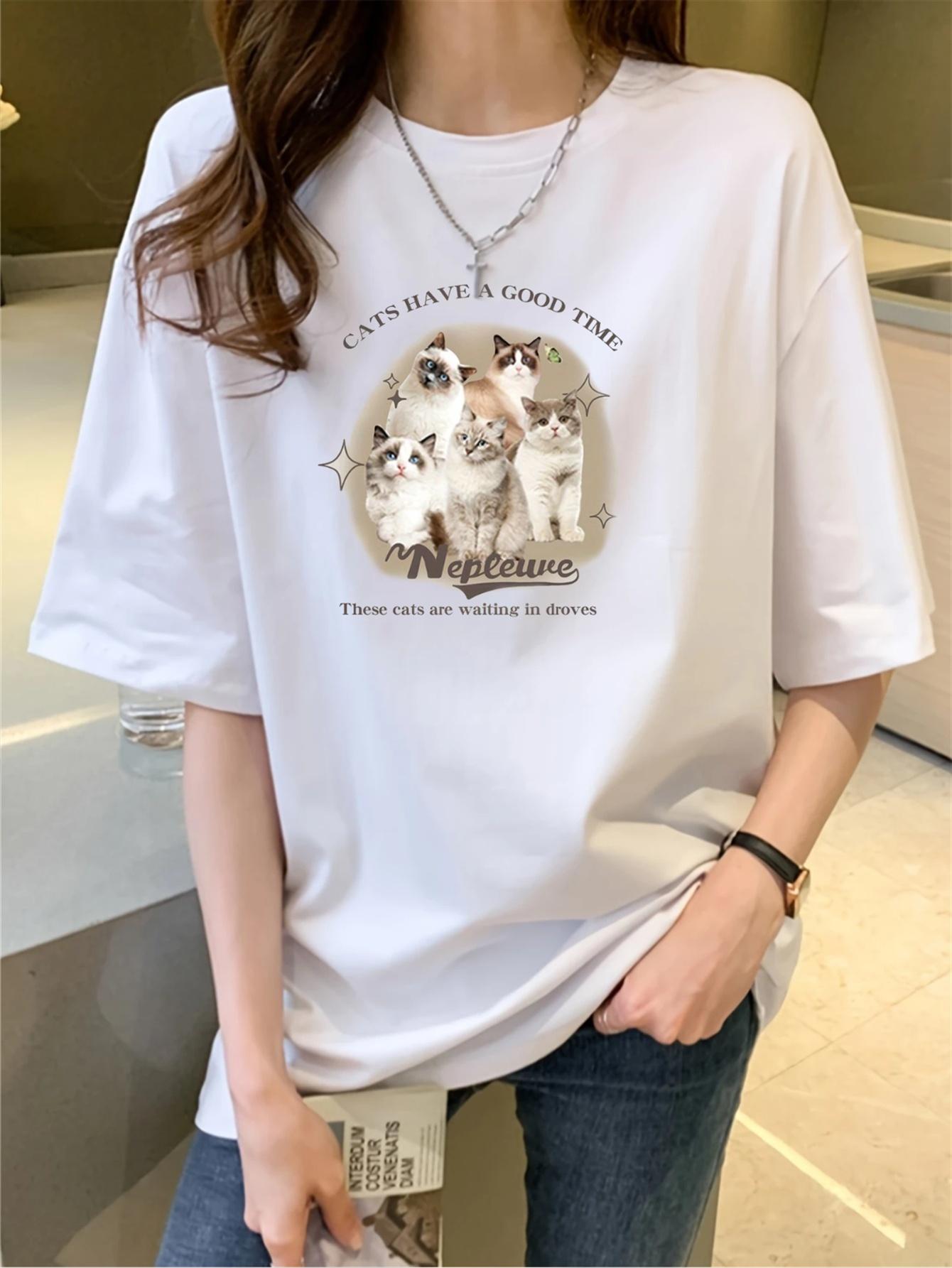 Women s Soft Cartoon Print T-Shirt - Slim Fit, Short Sleeves, Round Neck, Lightweight and Breathable Summer Casual Top S разноцветный