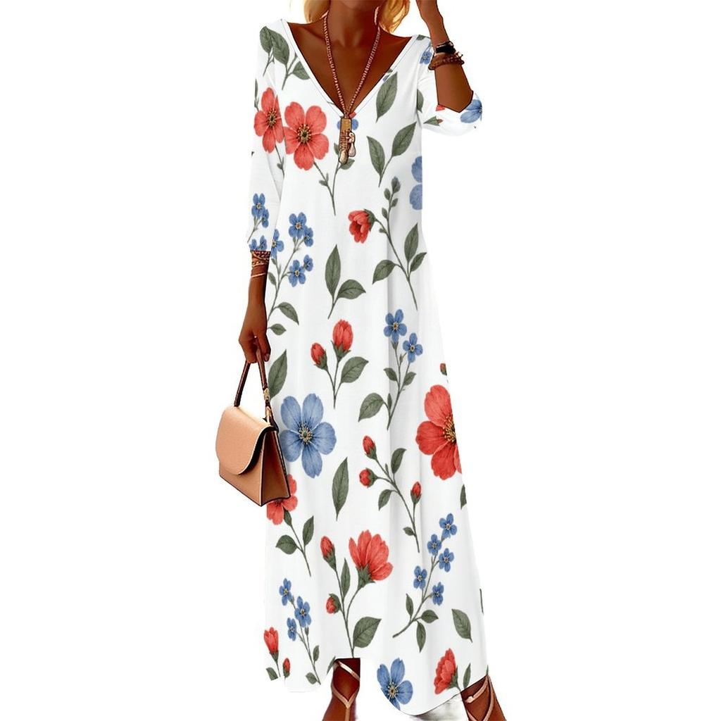 Women Plus Size V Neck Three Quarter Sleeve Floral Printed Long Maxi Dress