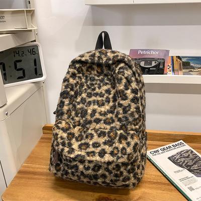 Y2K Vintage Plüsch Leopardendruck Rucksack für Mädchen Große Kapazität College Studenten Schultasche Lässig Tragbar Damen Umhängetasche