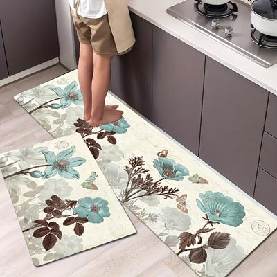 1Pcs Anti-Skid Teal Flower Kitchen Mat Retro Watercolor Design, Durable Rug for Home Decor and Farmhouse Spring Decorations
