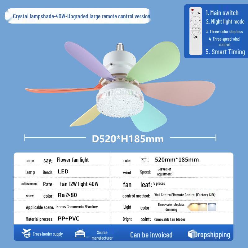 Ferngesteuerte LED-Blumen-Ventilatorleuchte mit E27-Sockel und stufenloser Dimmung für Zuhause