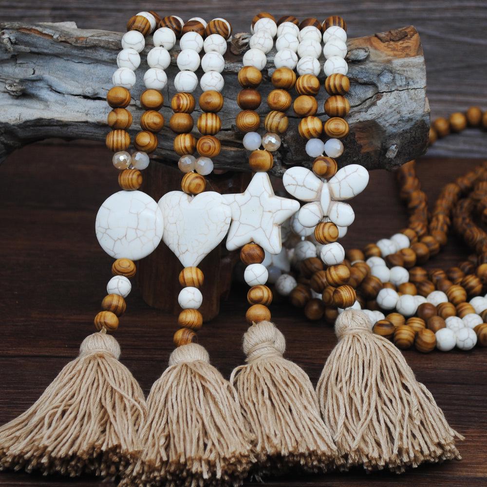 Bohemian Accessories Tassel Sweater Chain Necklace Women's String Wood Bead Long Necklace Jewelry