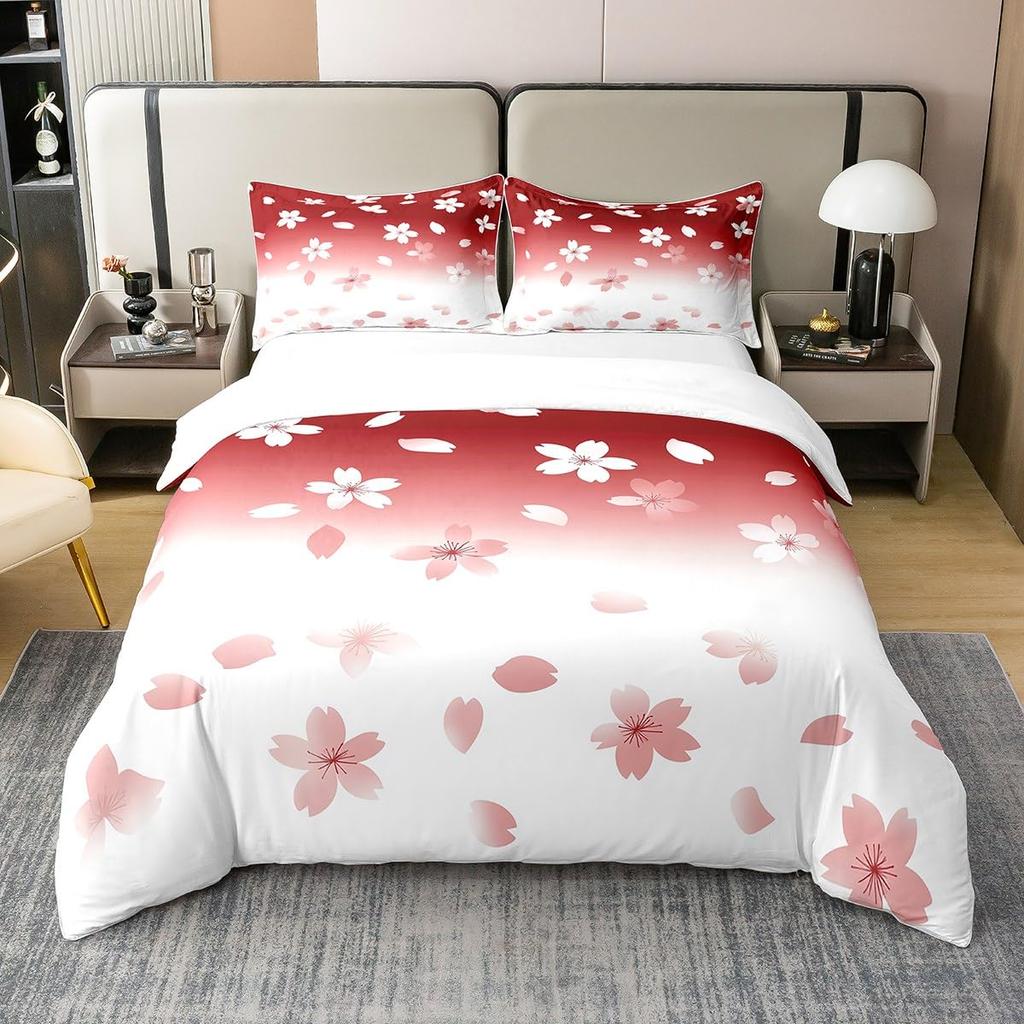 Cherry Blossoms Bedding Set for Boys Girls Japanese Style Floral Botanical Comforter Cover Twin King Sakura Flower Duvet Cover