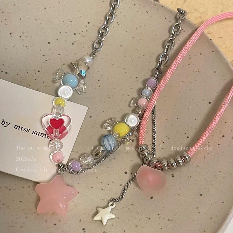 Summer dopamine colored candy fringed star necklace female light luxury high sense collarbone chain sweet cool babe neck chain
