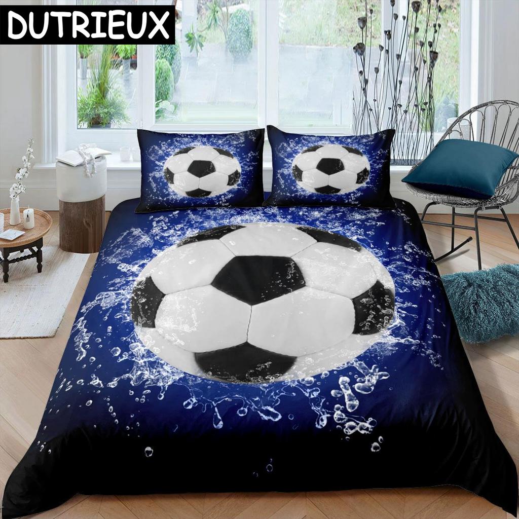 Soccer Duvet Cover Set King Queen Full Size Football Pattern Polyester Comforter Cover For Boys Teens Soccer Lover Bedding Set