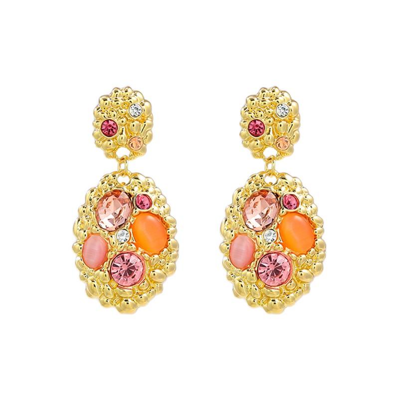 Boho Chic Layered Oval Alloy Earrings With Cubic Zirconia Women Post Peach Pink