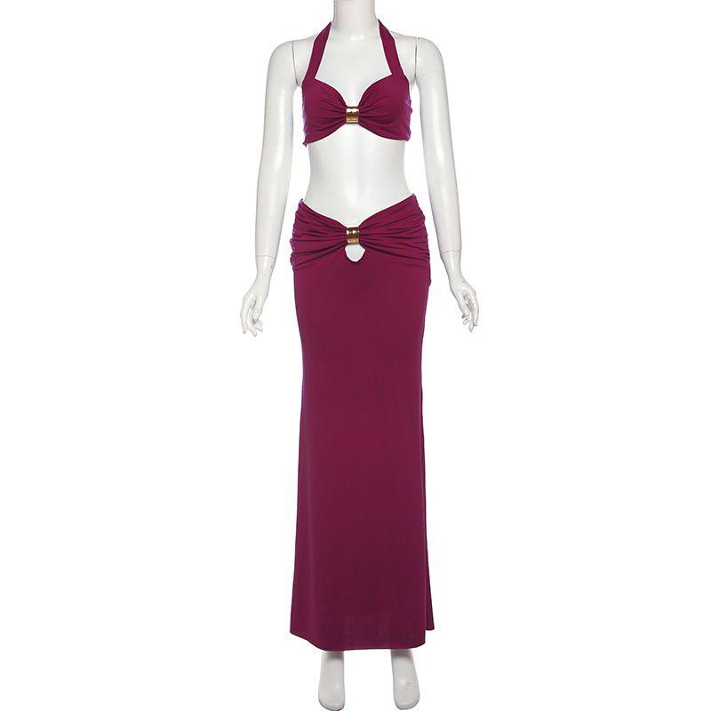 

Western Style Ins New Fashion Hanging Neck Wrap-around Top Sexy Navel High Waist Slim fit Long dress Dress Outfit Women Burgundy L