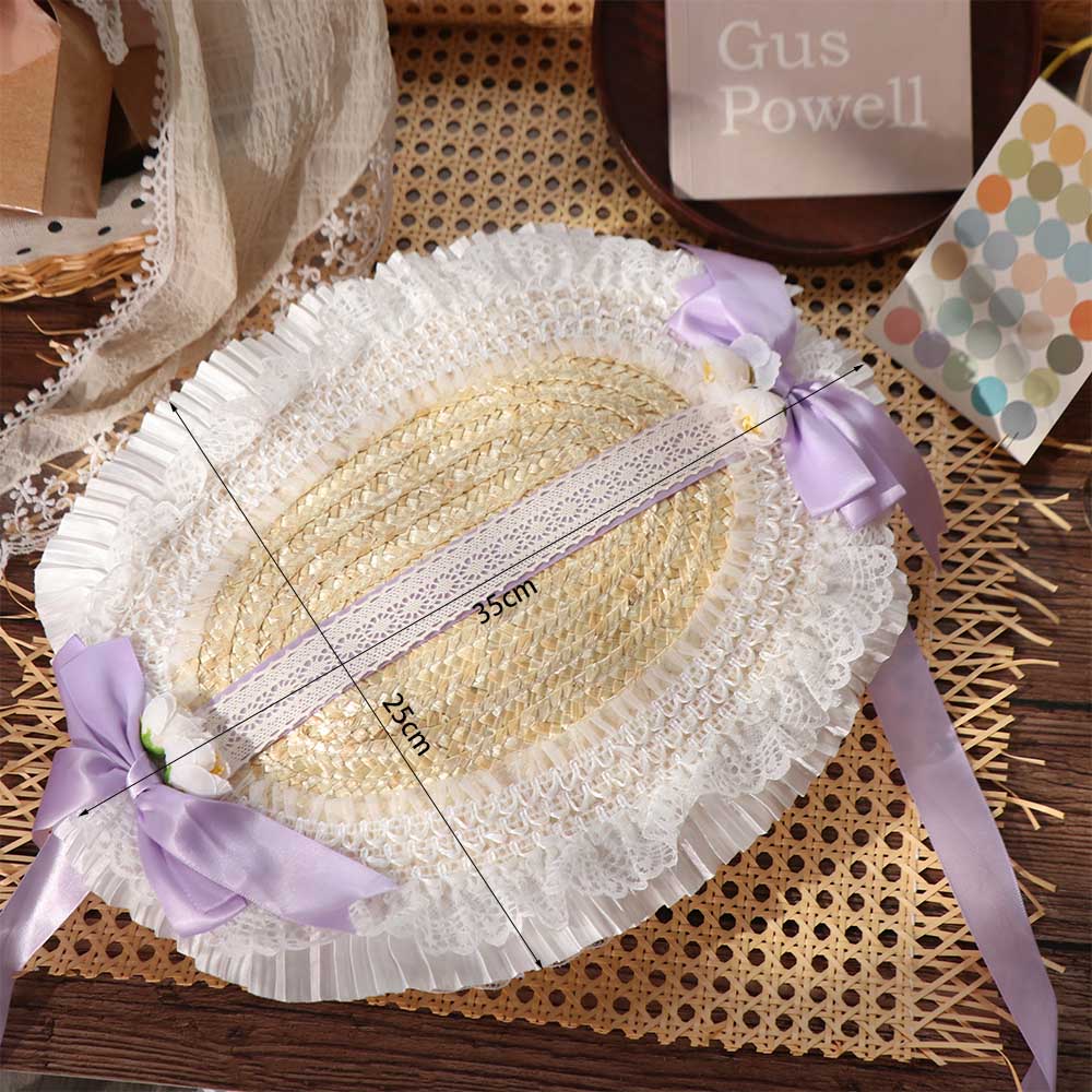 Lace Lolita Bonnet Flat Top Bow Ribbon Flower Cap Sweet Lolita Straw Hat Beach Vacation