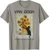 Van Gogh Sunflowers Cat Black Cat Art Graphic Tee Casual Short Sleeve TShirt for Men Women