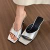 2025 French fashion outer wear lady sandals summer new patent leather square head open toe middle heel one-word drag temperament slippers