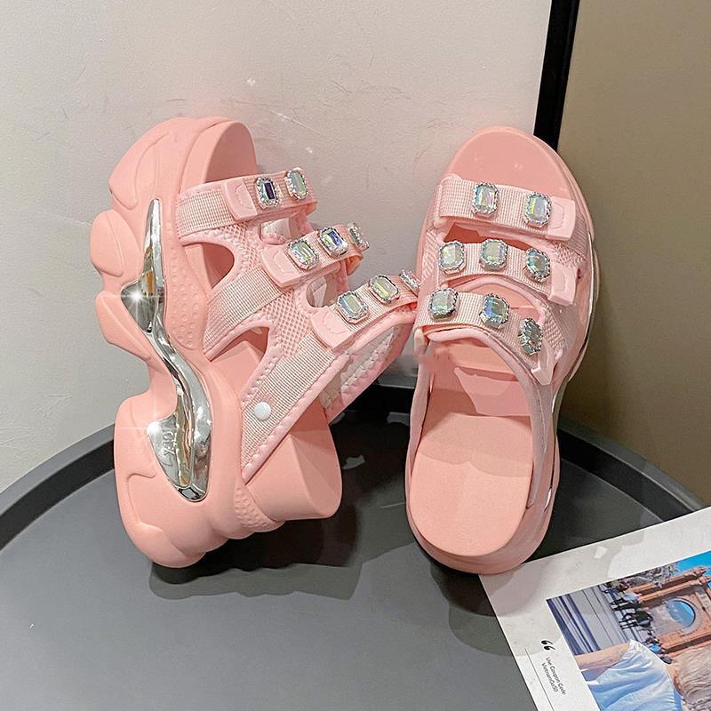 Fashion European Rhinestone Buckle Thick Bottom Higher Slope Heel Sponge Cake Casual Women's Summer New High Heel Sandals Slippers