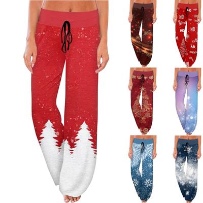 Calças de pijama confortáveis femininas com bolso e estampa de Natal, calças largas com cordão