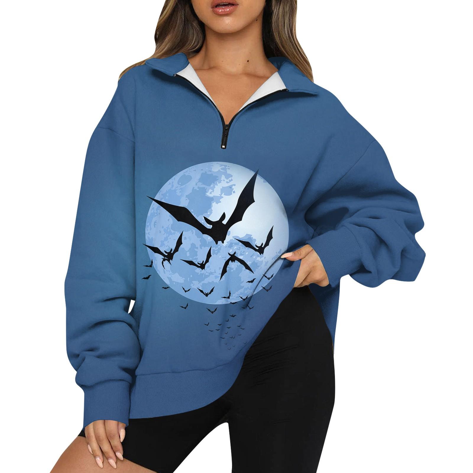 

Женская мода повседневная толстовка с длинным рукавом и принтом на Хэллоуин с застежкой-молнией и воротником-стойкой с заниженными плечами XL синий