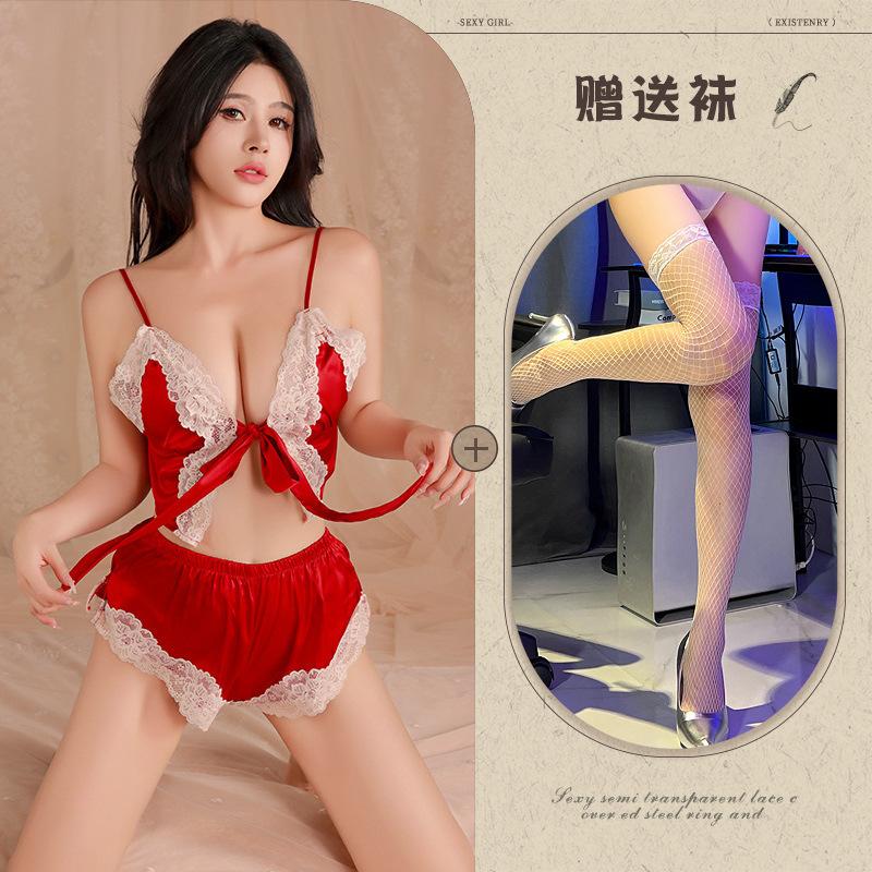 Sexy bow lace-up split two-piece sex suit women's deep V lace seduction sex pajamas