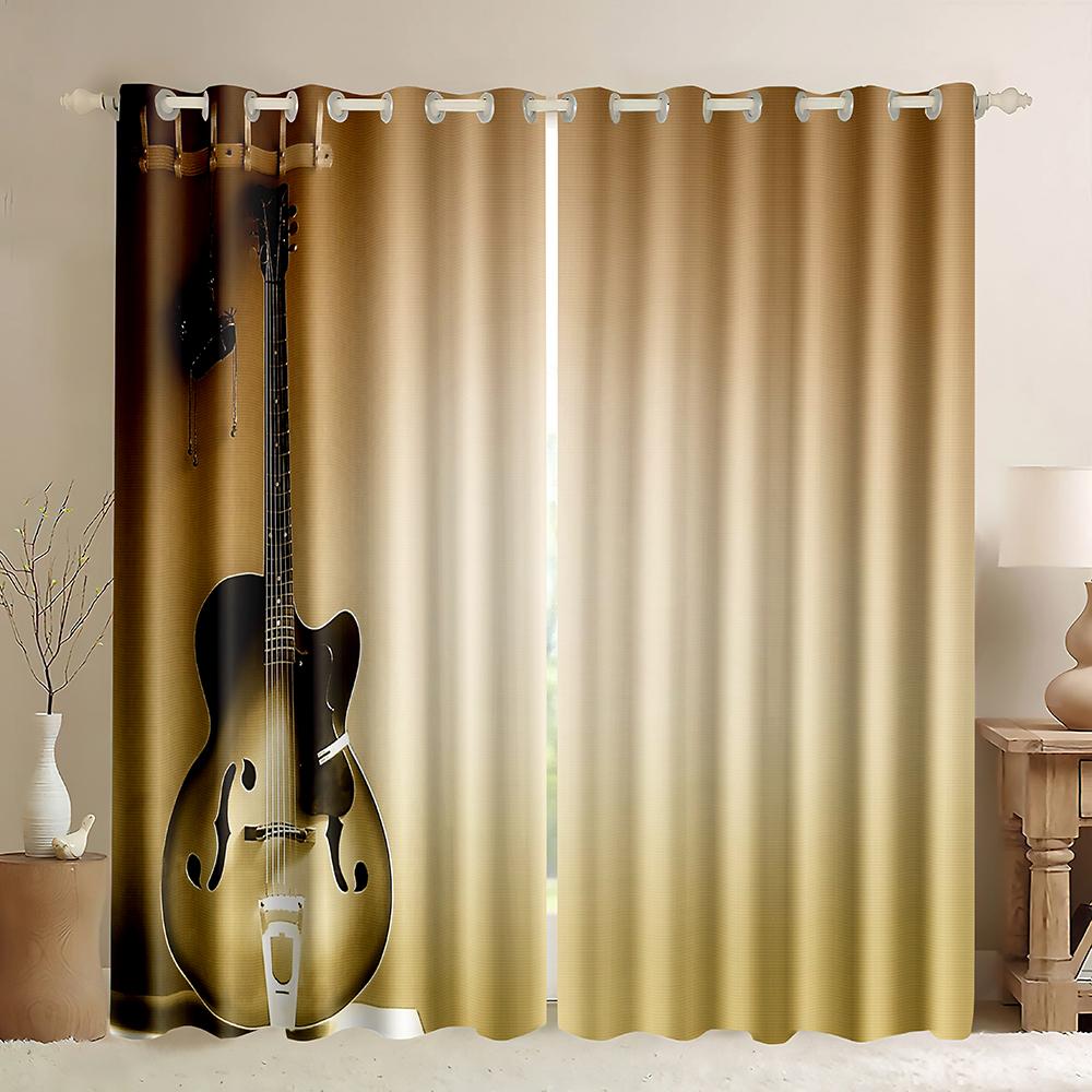 Cheap Custom Rock Music Guitar Thin Window Curtain Retro Musical Note Printed Curtains for Bedroom Kitchen Home Decor 2 Panels