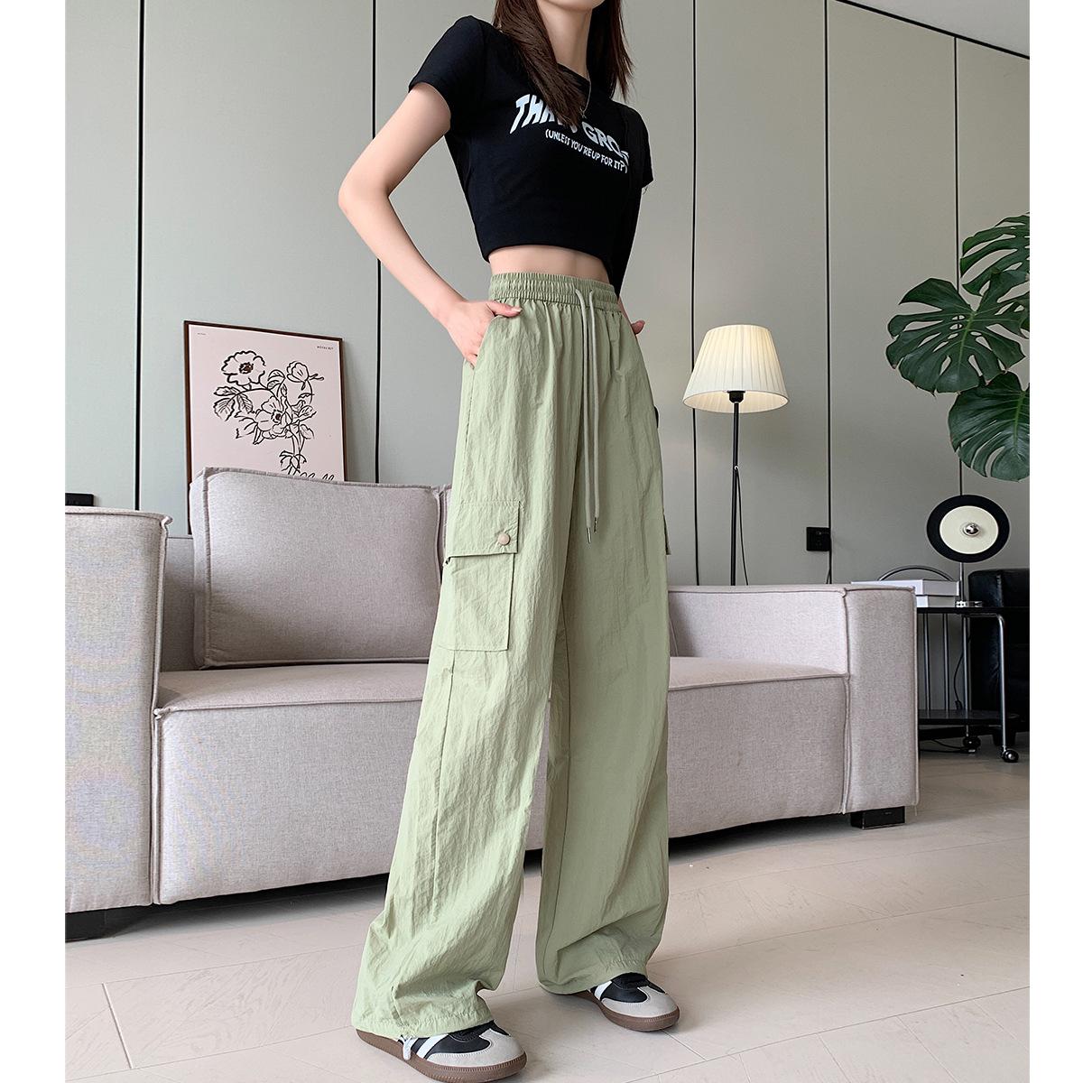 

Green Work Pants for Women In Autumn New High-waist Wide-leg Pants Loose Casual Slim Quick-drying Sports Pants S