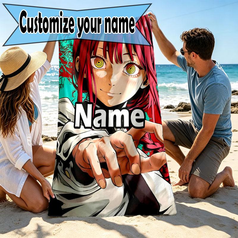 Custom Name Personalized Makima Chainsaw Man Print Beach Towel, for Trip Camping Beach Party Home Decor, Birthday Gift for Family & Friends
