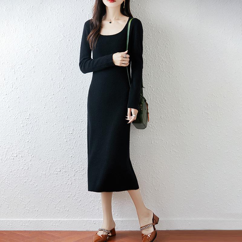 Women Sweater Dress 100% Wool MODERN NEW SAGA U-neck Knit Long Pullover Winter Jumpers Wool Long Dress Female