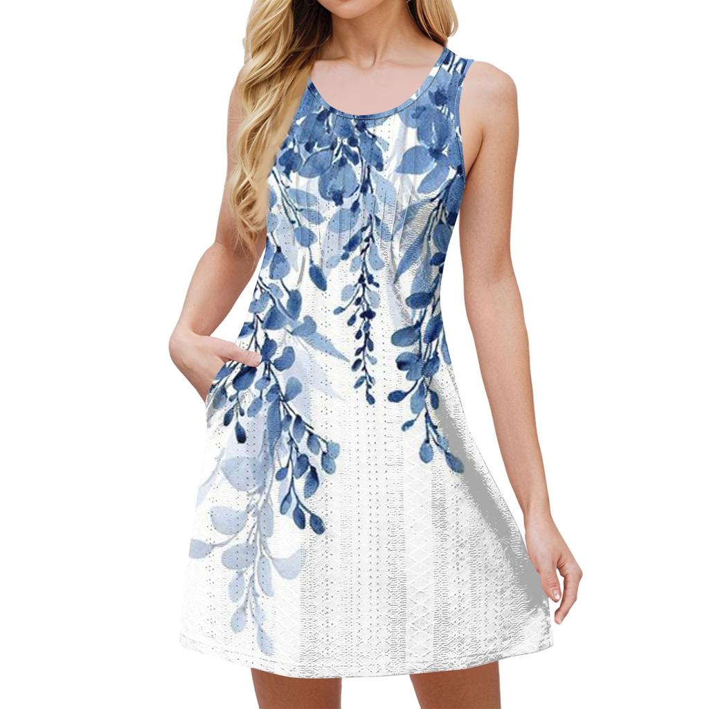 Women's Stylish Casual Pocket Loose Floral Print Sleeveless Summer Beach Sundress