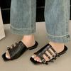 Fashion 2025 New Vintage Square Toe Flat Fashion Slippers Women's Summer New Open Toe Belt Buckle One Strap Soft Sole Sandals
