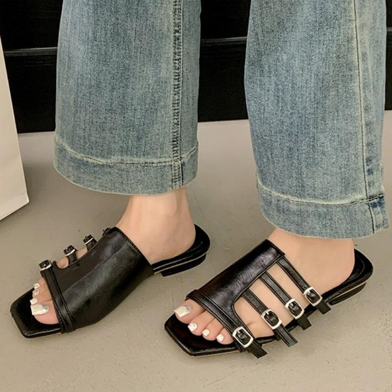 Fashion 2025 New Vintage Square Toe Flat Fashion Slippers Women's Summer New Open Toe Belt Buckle One Strap Soft Sole Sandals