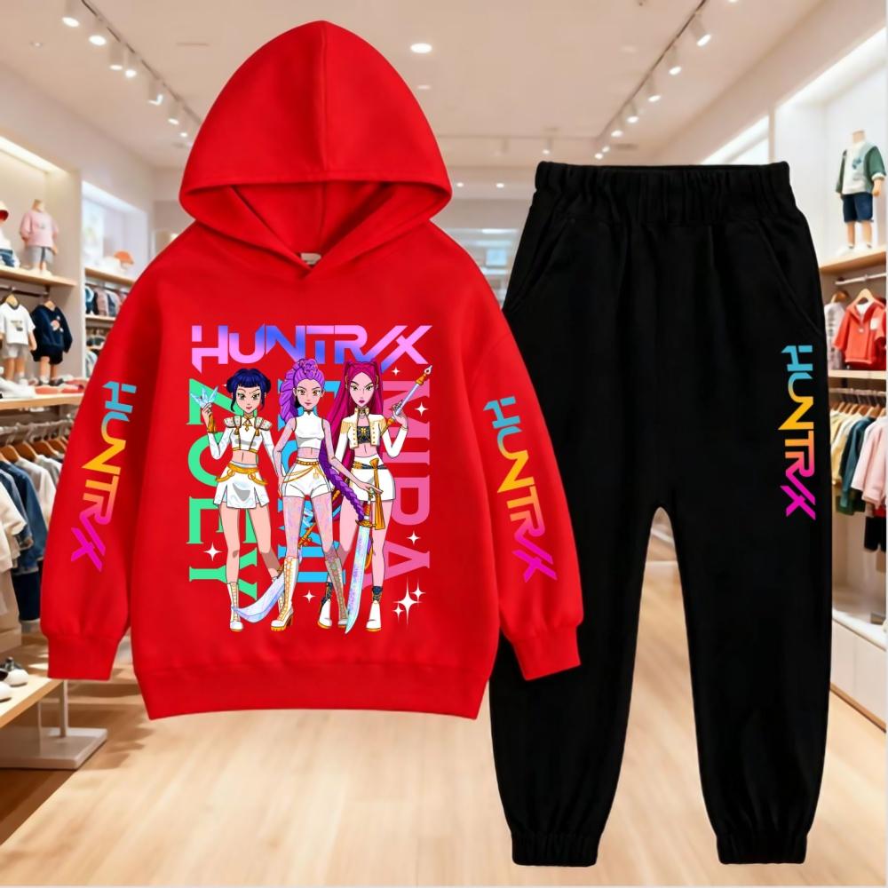KPop Devil Hunter Cartoon Printed Children's Hoodie with Sports Pants Casual Fashion Set