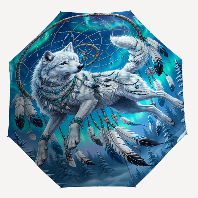 1PC Wolf Dreamcatcher Umbrella-8-Rib Reinforced, Automatic Open, Lightweight & Durable, Fashion Accessory for Outdoor, J0396