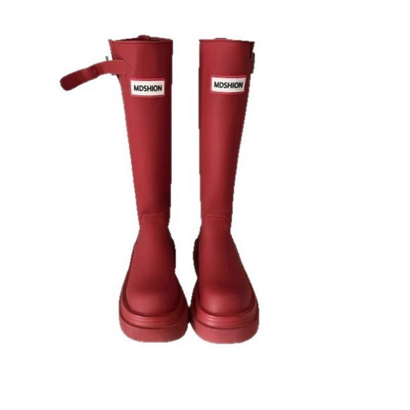 Red Thick-soled Knight Boots Women's New Sleeve Thick Heel Long Tube Waterproof and Non-slip Rain Boots