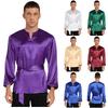 Camisa de Adoração Masculina Seda Manga Longa Cetim Pulôver Blusa Solta Cinto Incluído Top Lírico Dança Ballet