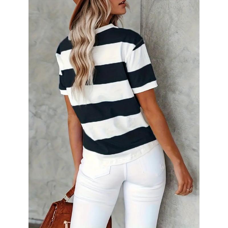 Short Sleeve Striped T-Shirt, Crew Neck Casual Top For Summer & Spring, Women's Clothing