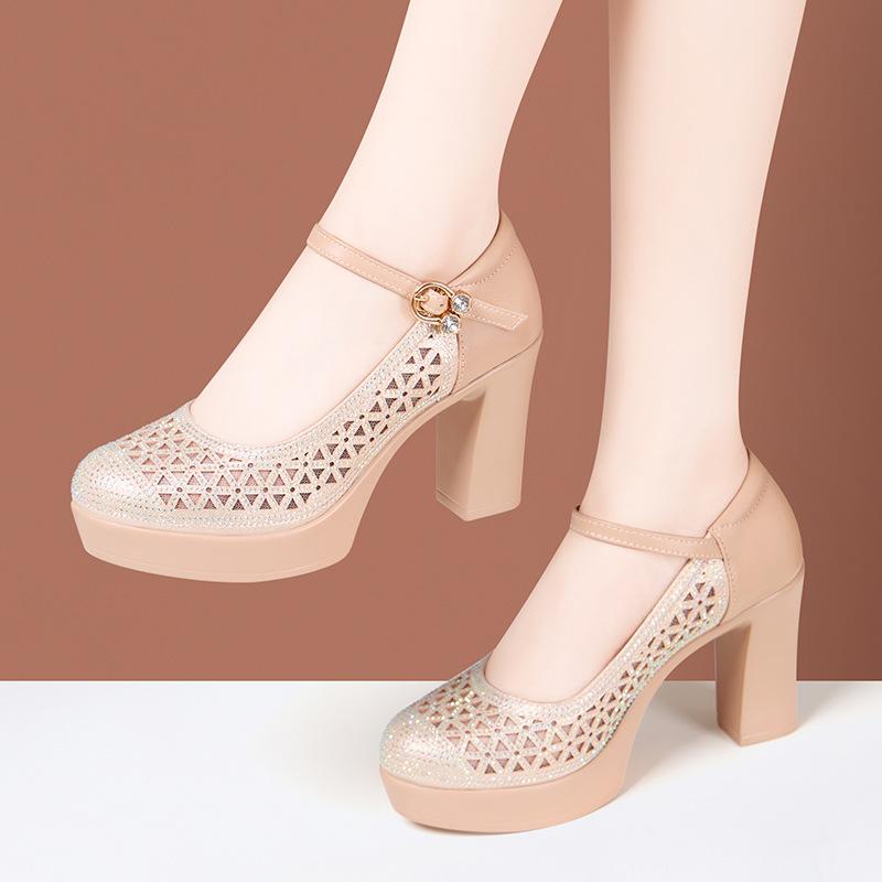 

6cm 9cm 11cm Elegant Mesh Crystal Genuine Leather Shoes Platform Pumps Spring 2025 Block High Heels Shoes Model Wedding Party 37