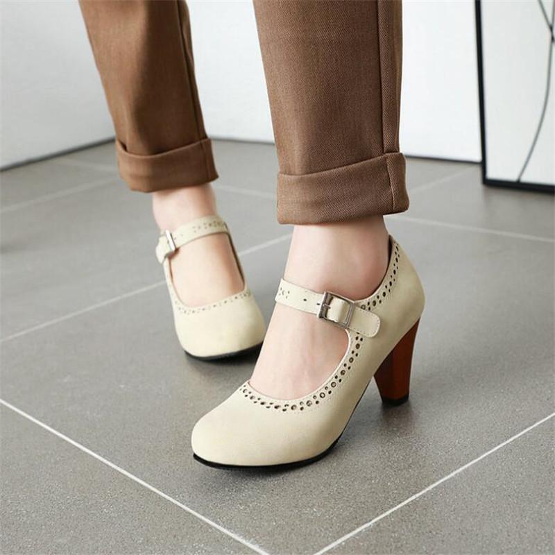 Girls' Shoes Women Pumps Solid Buckle Round Toe Lolita Shoes Square Heel Ankle Strap Shoes Woman High Heel Shoes Plus Size 32-43