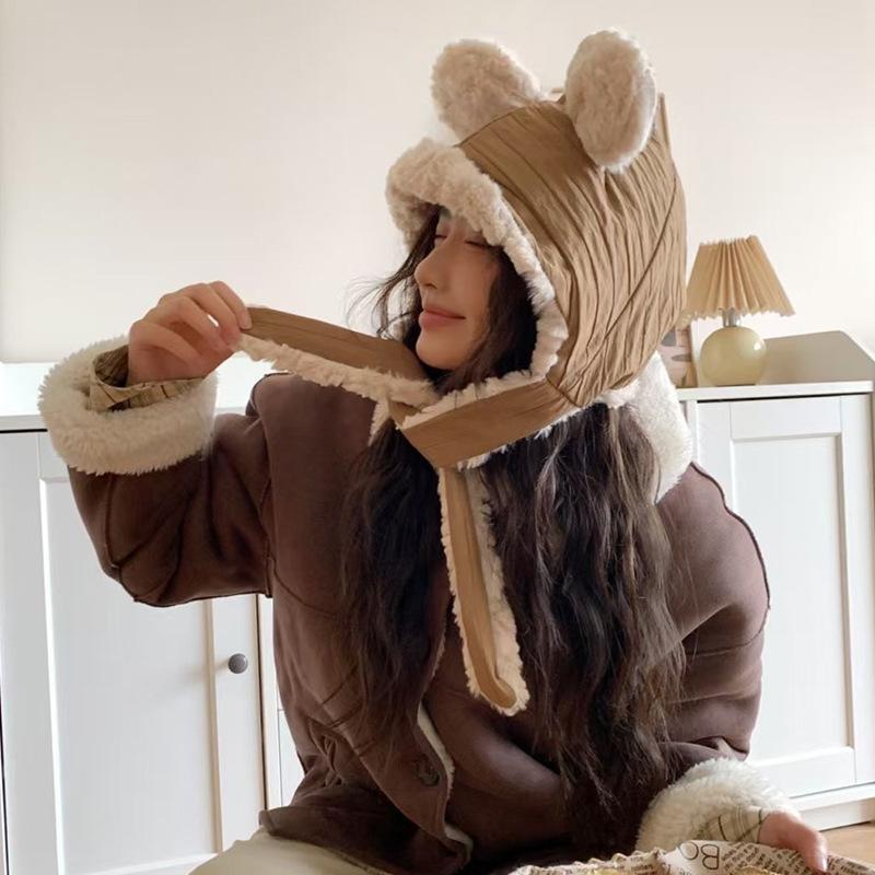 

Cute bear hat winter fleece thickened ears plush hat strap bag head neck protector Lei Feng hat windproof and antifreeze M（56—58cm） чорний
