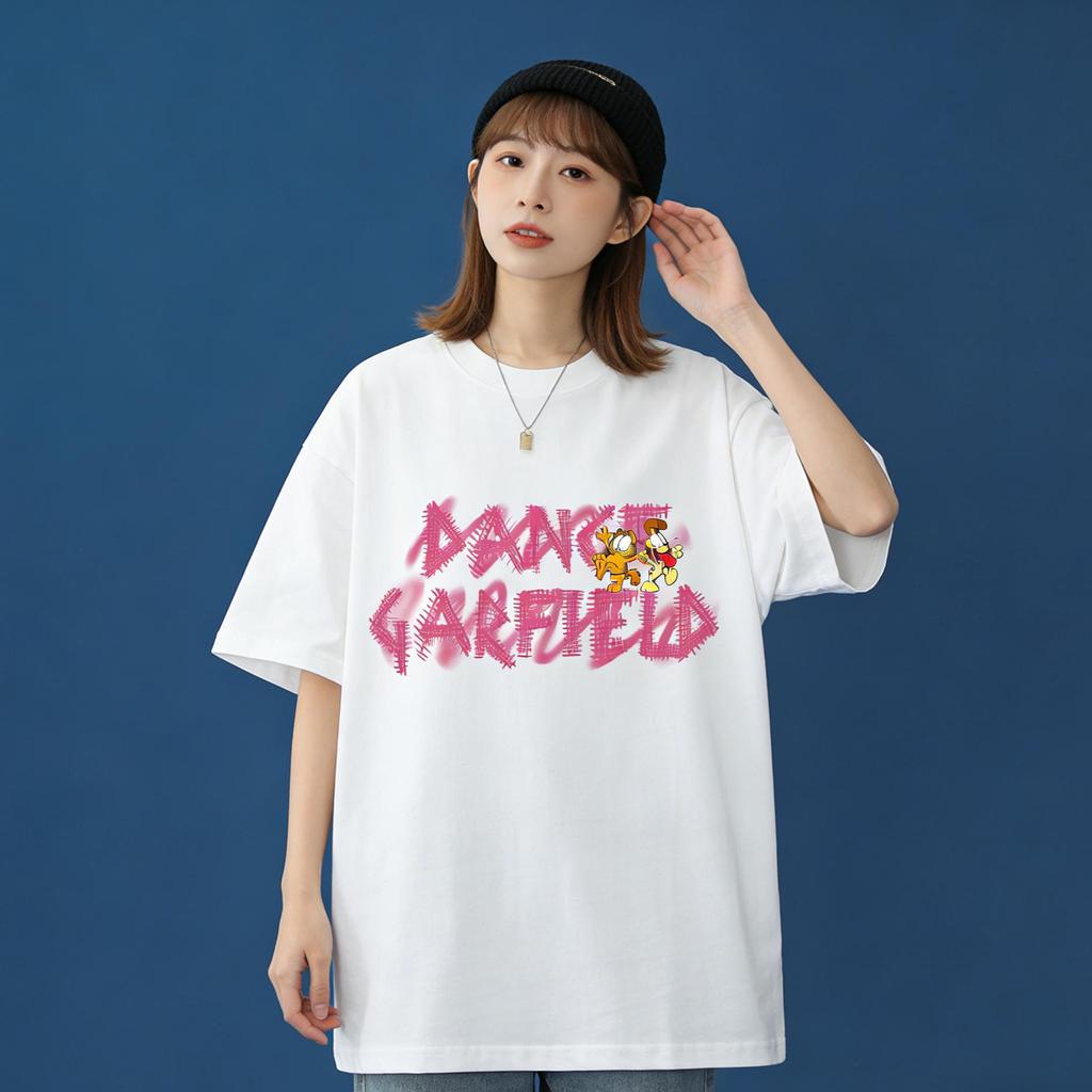 Garfield & Odie "DANCE GARFIELD" Graffiti Print Short Sleeve T-Shirt, American Streetwear Brand Heavyweight Cotton Loose Fit Oversized Couple Top