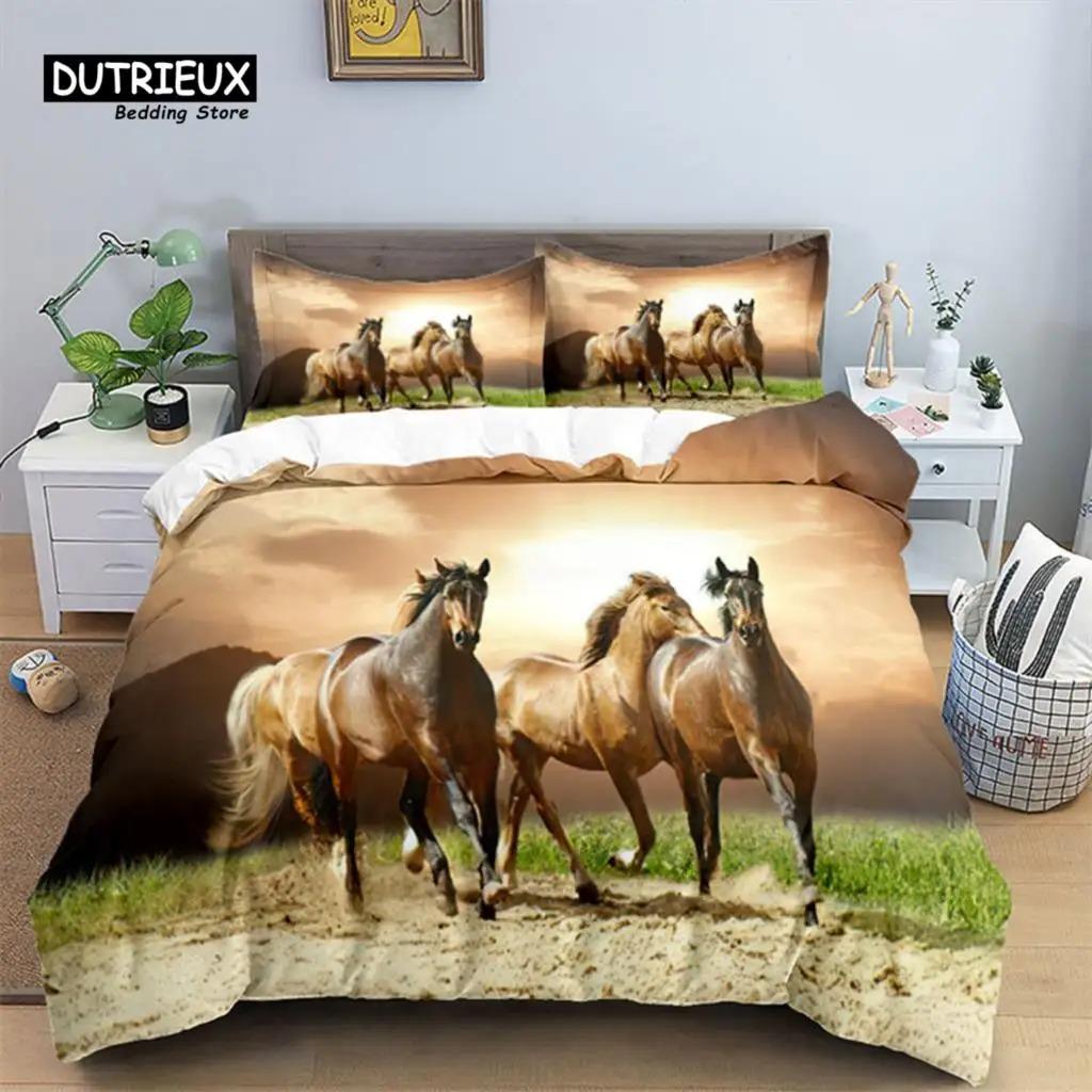 Horse Comforter Cover Set For Kids Toddler Farm Animal Pattern Bedding Set Boys Girls 3 Piece Farmhouse Cowboy Duvet Cover Set